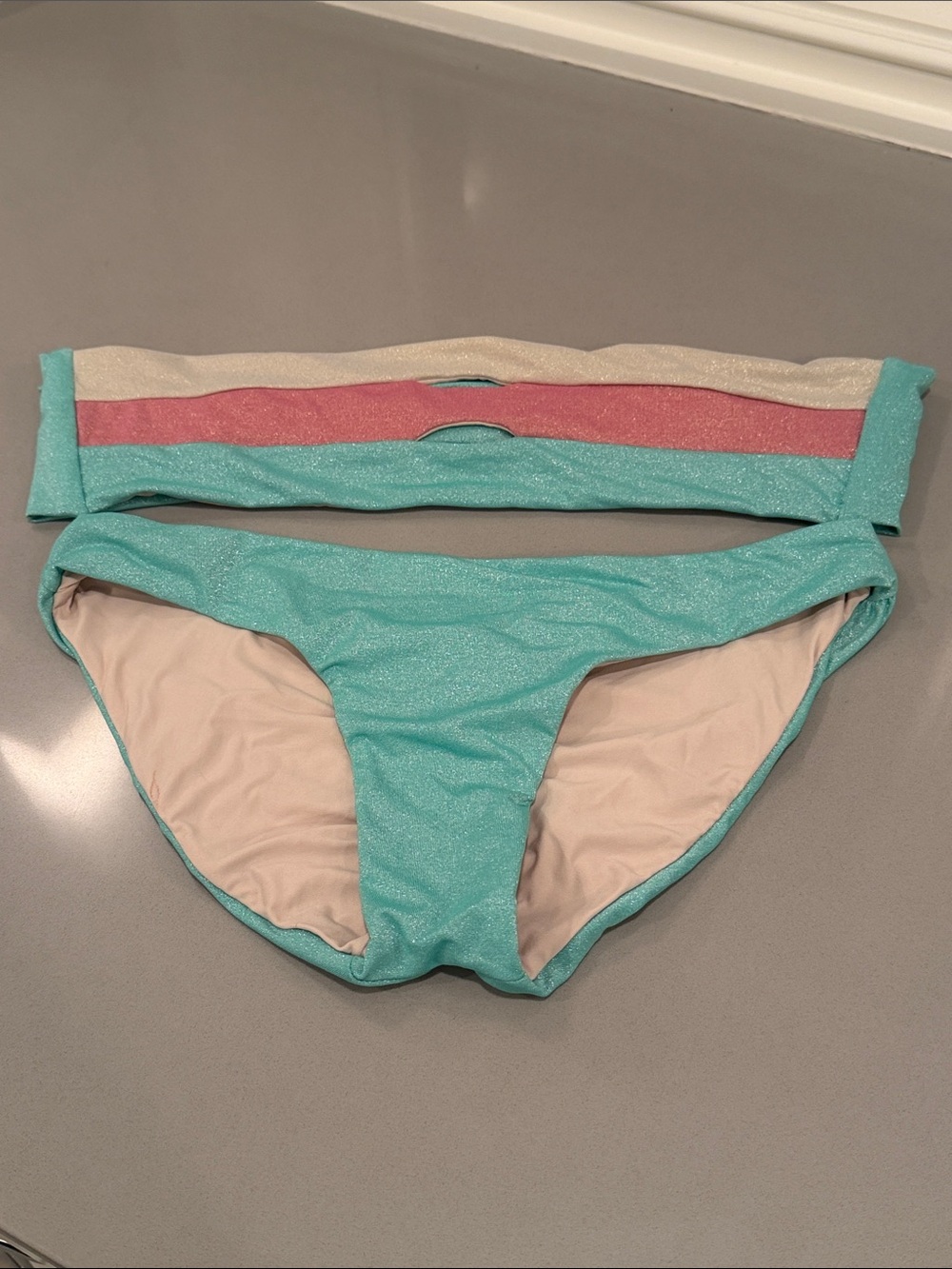 PQ Swim Aqua Glitter Cosmic Split Bandeau Bikini Size Small